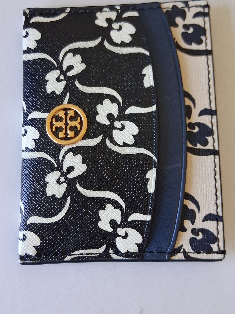 Tory Burch Black & White Floral Logo Card Holder with Gold Emblem - Picture 5 of 9